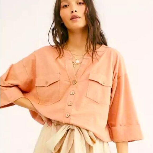 We The Free Tops - Free People We The Free Eliza Button Drawstring Top Coral Pink/Orange Size L